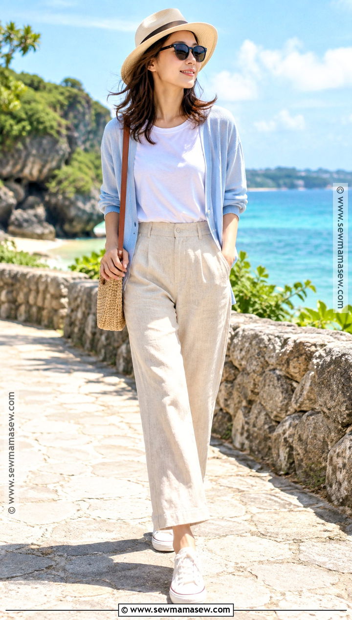 Okinawa Light Cardigan And Linen Pants Outfit - 20 japan in november outfit ideas
