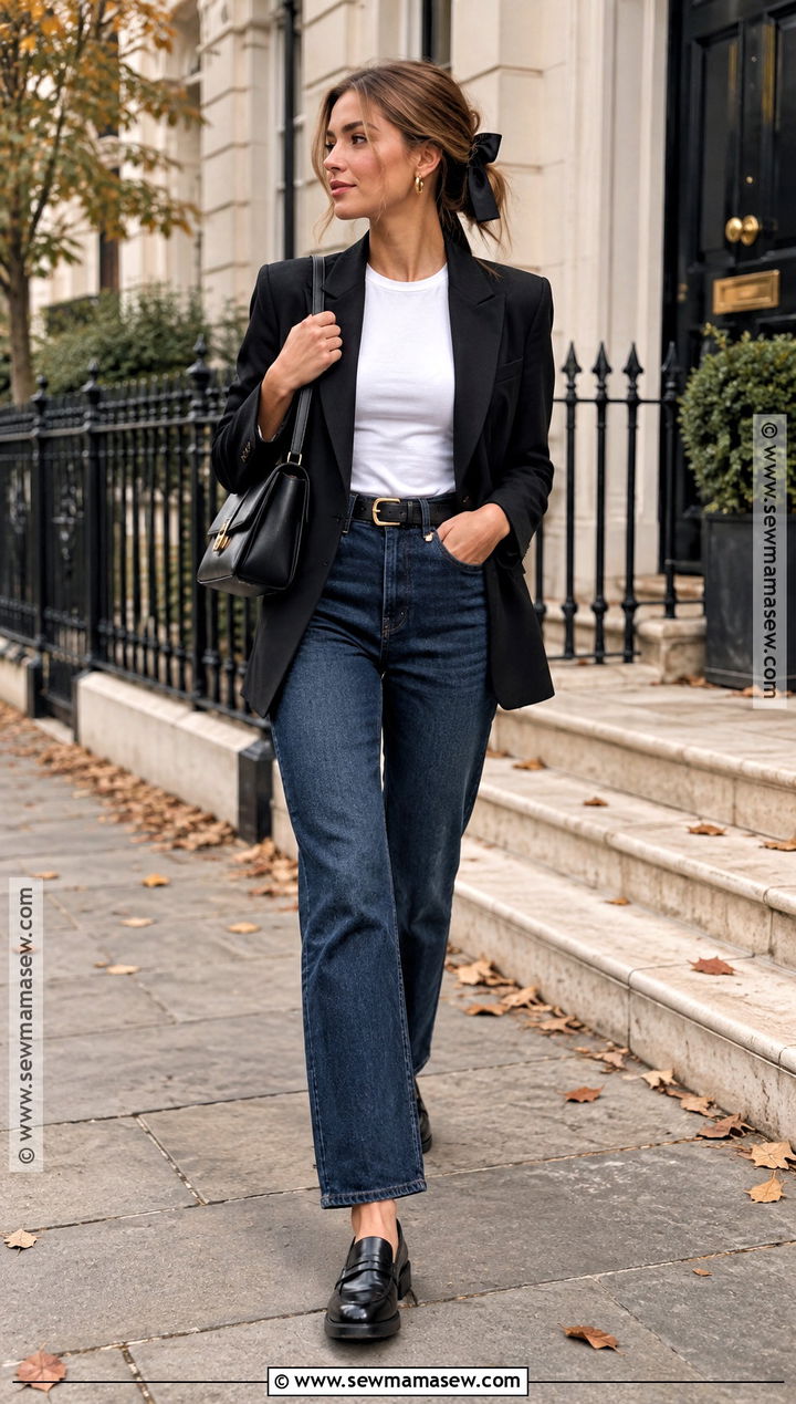 Old Money Black Blazer And Blue Jeans Outfit - 25 autumn old money outfits