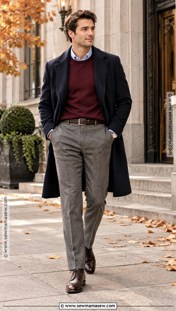 Old Money Burgundy Sweater With Gray Trousers - 25 old money outfits men fall winter