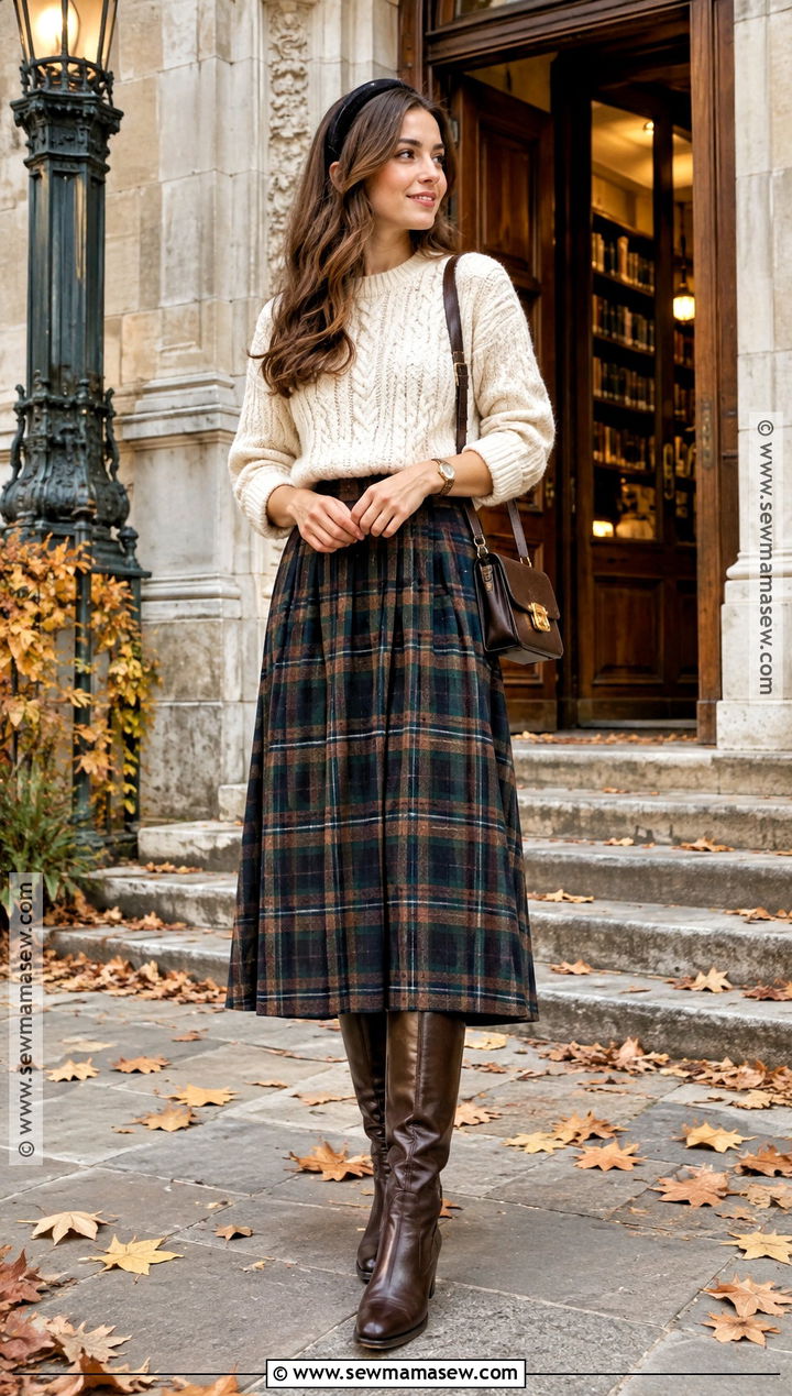 Old Money Cable Knit And Plaid Skirt Outfit - 25 autumn old money outfits