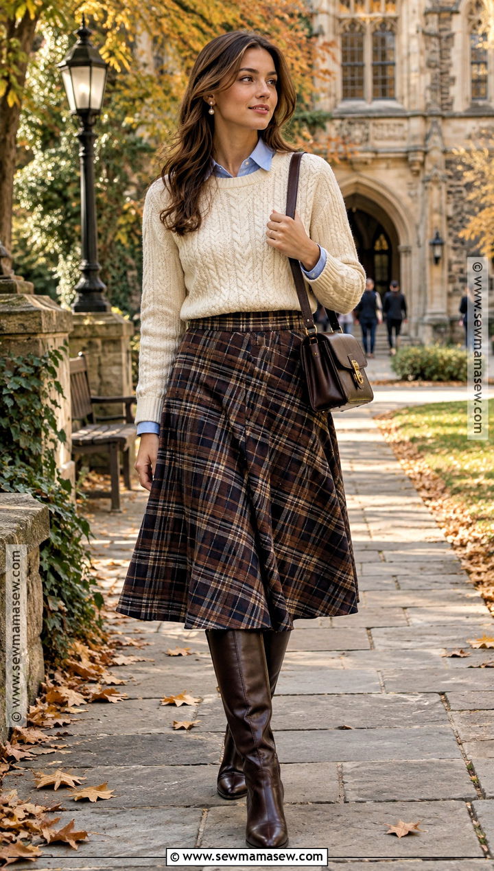 Old Money Cable Knit And Plaid Skirt Outfit - 15 fall old money outfits 2026
