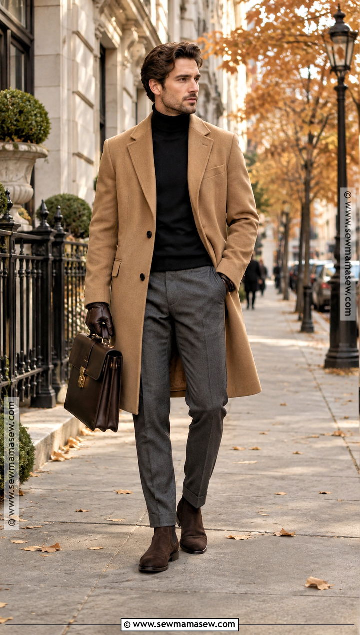Old Money Camel Overcoat With Turtleneck - 25 old money outfits men fall winter