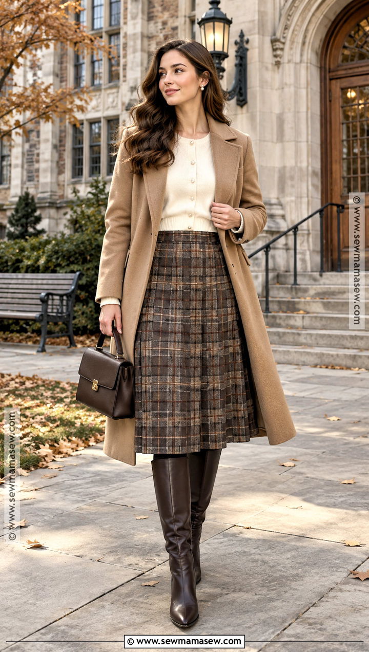 Old Money Cardigan and Plaid Midi Skirt Outfit - 15 Old Money Outfit Women Fall Winter Ideas