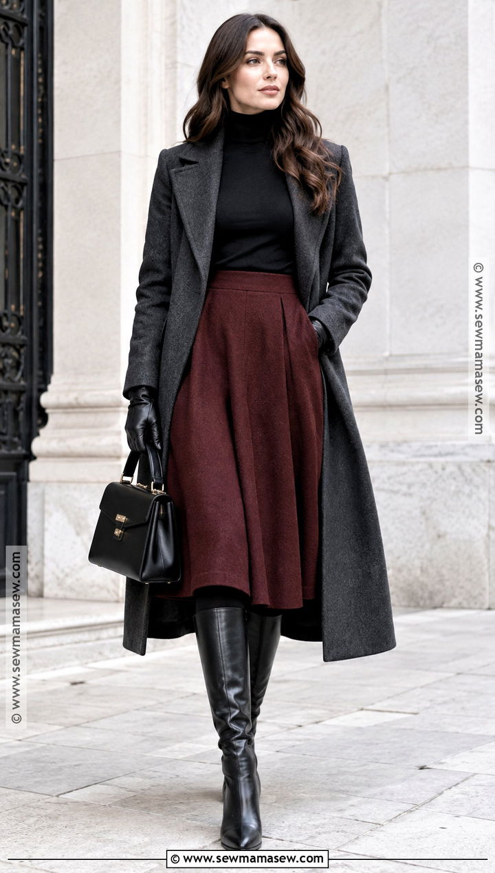 Old Money Charcoal Coat and Midi Skirt Outfit - 15 Old Money Outfit Women Fall Winter Ideas