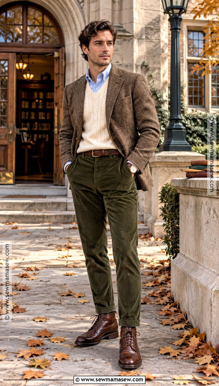 Old Money Herringbone Blazer With Corduroy Pants - 25 old money outfits men fall winter