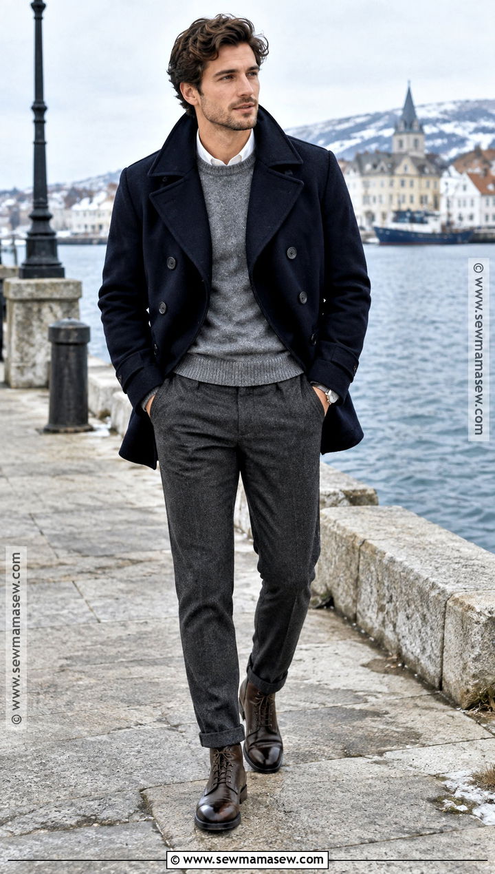 Old Money Navy Peacoat With Gray Trousers - 25 old money outfits men fall winter