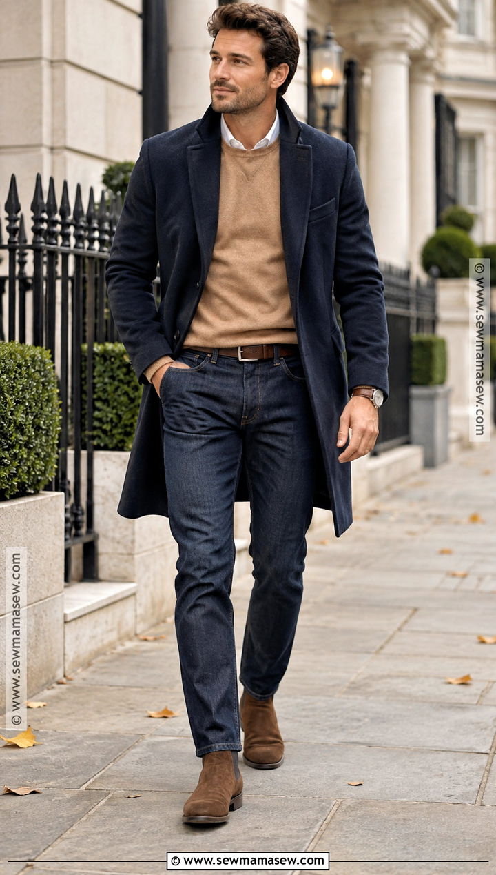 Old Money Navy Topcoat With Denim - 25 old money outfits men fall winter