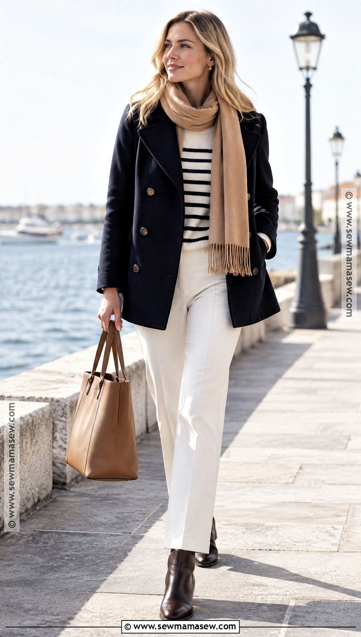 Old Money Peacoat and Striped Knit Outfit - 15 Old Money Outfit Women Fall Winter Ideas