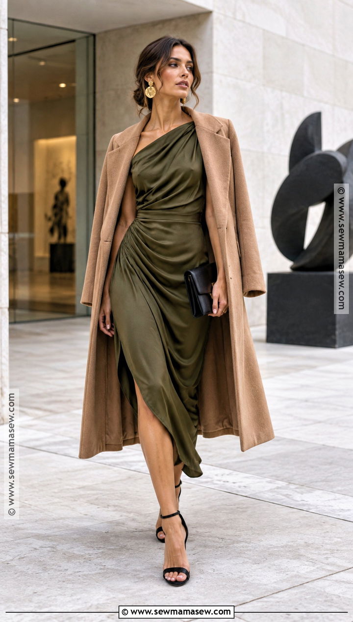 Olive Asymmetric Midi October Wedding Guest Outfit - 25 october wedding guest outfits
