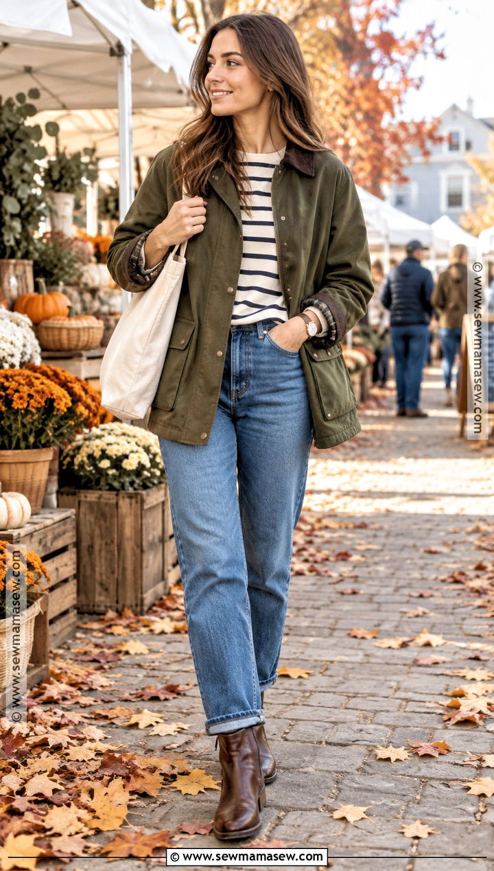 Olive Barn Coat With Striped Shirt And Jeans - 20 Fall Outfits Coat
