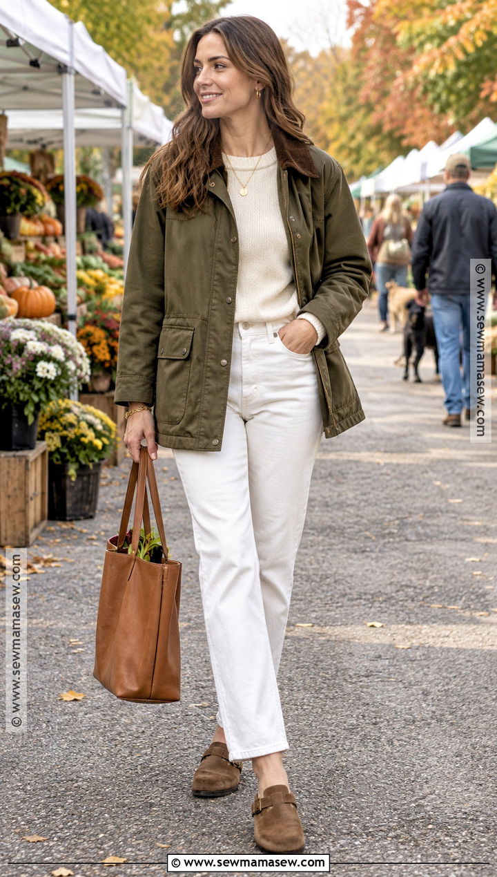 Olive Barn Coat With White Jeans - 25 autumn coat outfit ideas