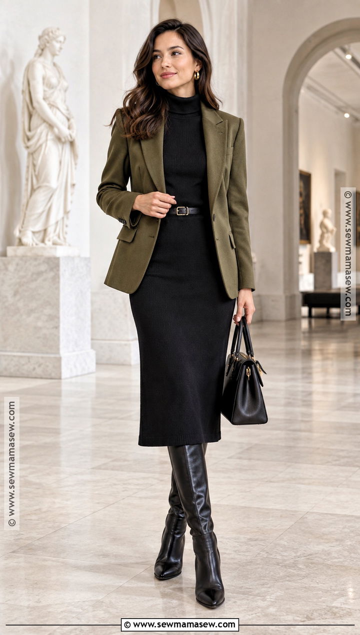 Olive Blazer And Black Midi Dress Fall Outfit - 25 fall classy outfits