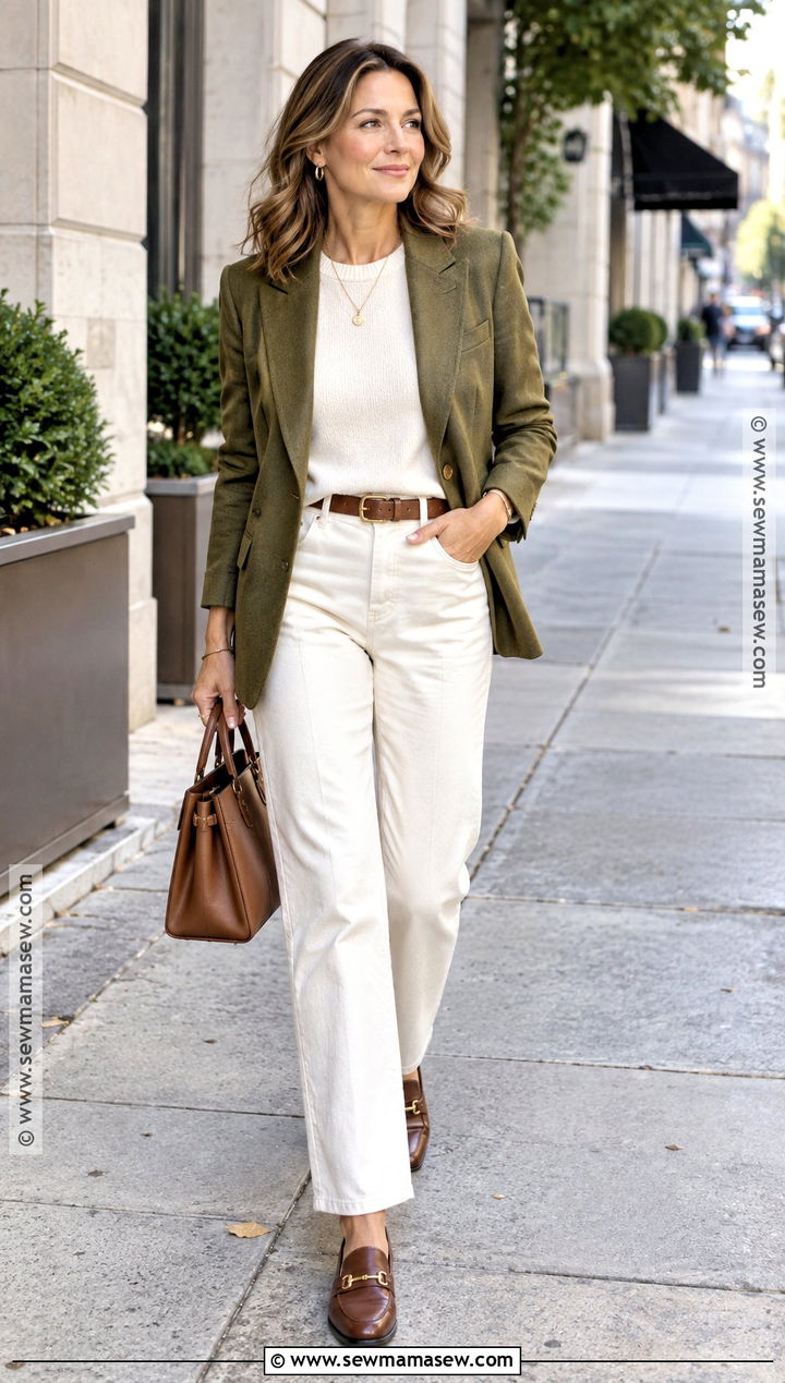 Olive Blazer And Ecru Jeans Fall Outfit - 20 Fall Outfits For Women In Their 40S