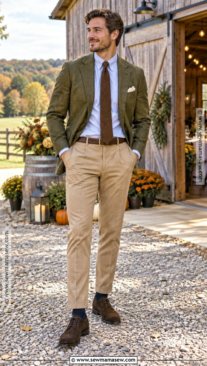 Olive Blazer And Tan Trousers Fall Wedding Guest Outfit - 15 male wedding guest outfit fall ideas
