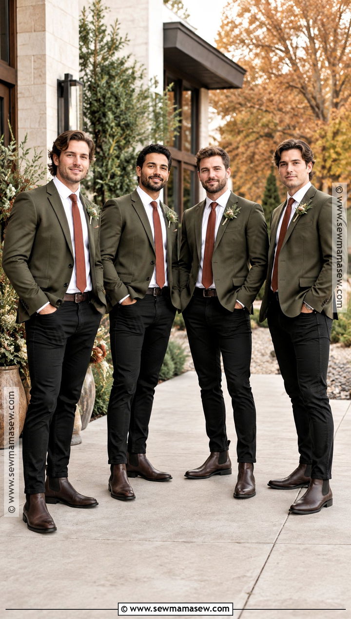 Olive Blazer Groomsmen Attire With Black Jeans - 15 groomsmen attire fall wedding jeans