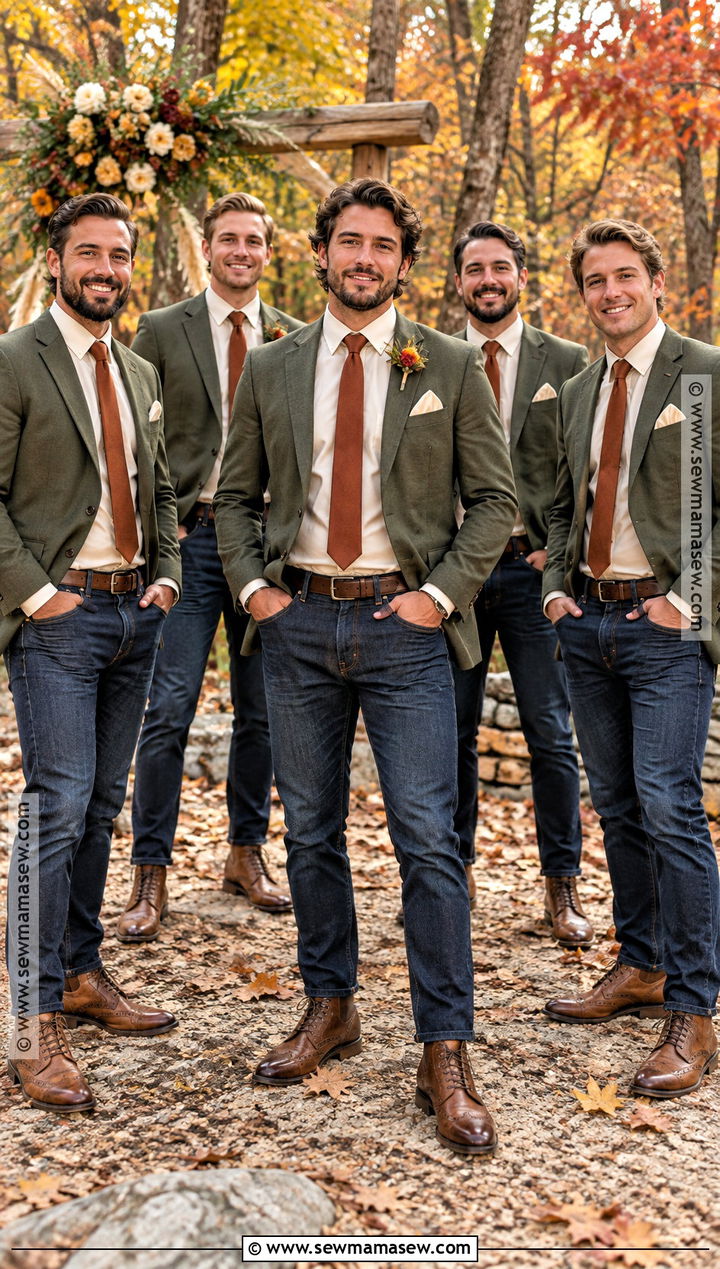 Olive Blazer Groomsmen Outfit With Blue Jeans - 15 fall wedding groomsmen attire jeans