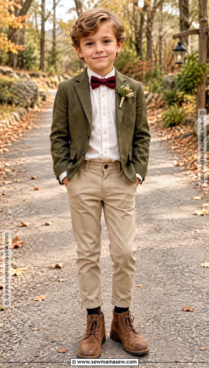 Olive Blazer With Beige Pants And Brown Boots - 15 ring bearer outfit fall wedding ideas