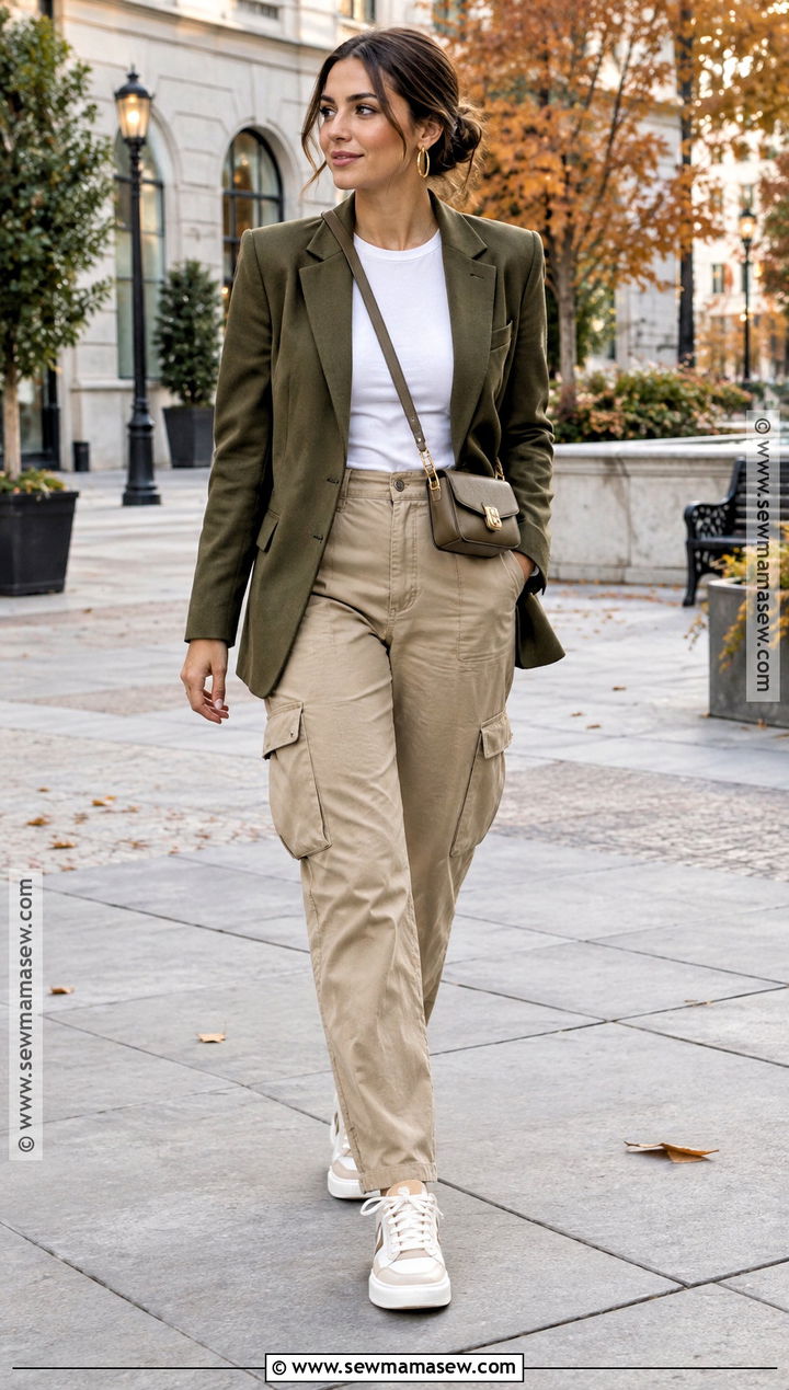 Olive Blazer With Cargo Pants And Sneakers - 20 fall blazer outfits