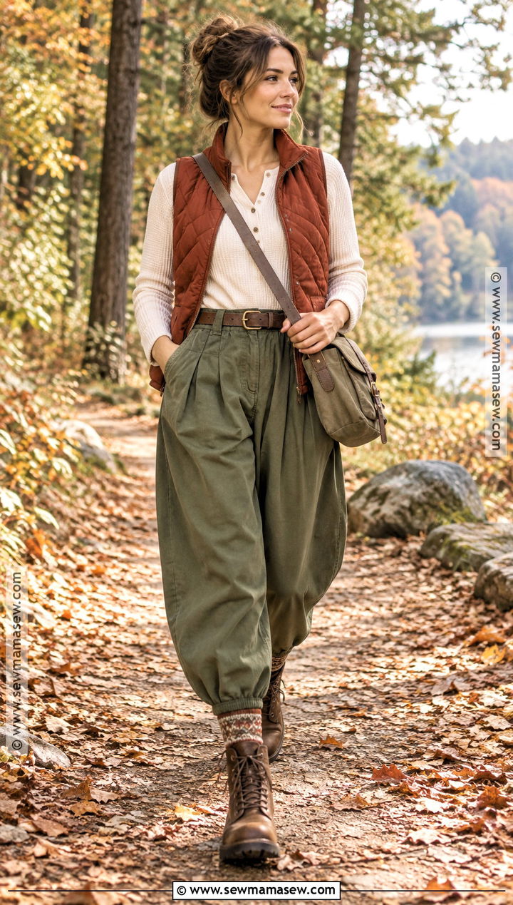 Olive Boho Balloon Pants With A Quilted Vest - 15 boho pants outfit fall
