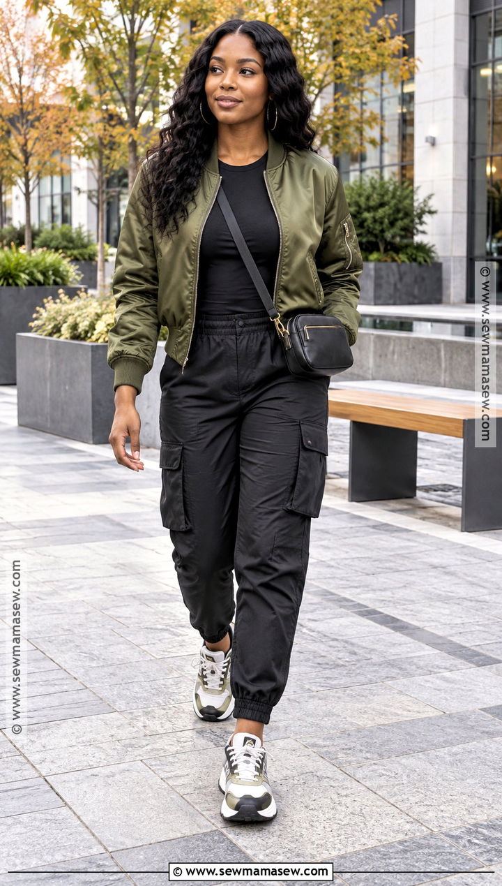Olive Bomber Fall Jacket With Cargo Pants - 15 fall jackets for black women