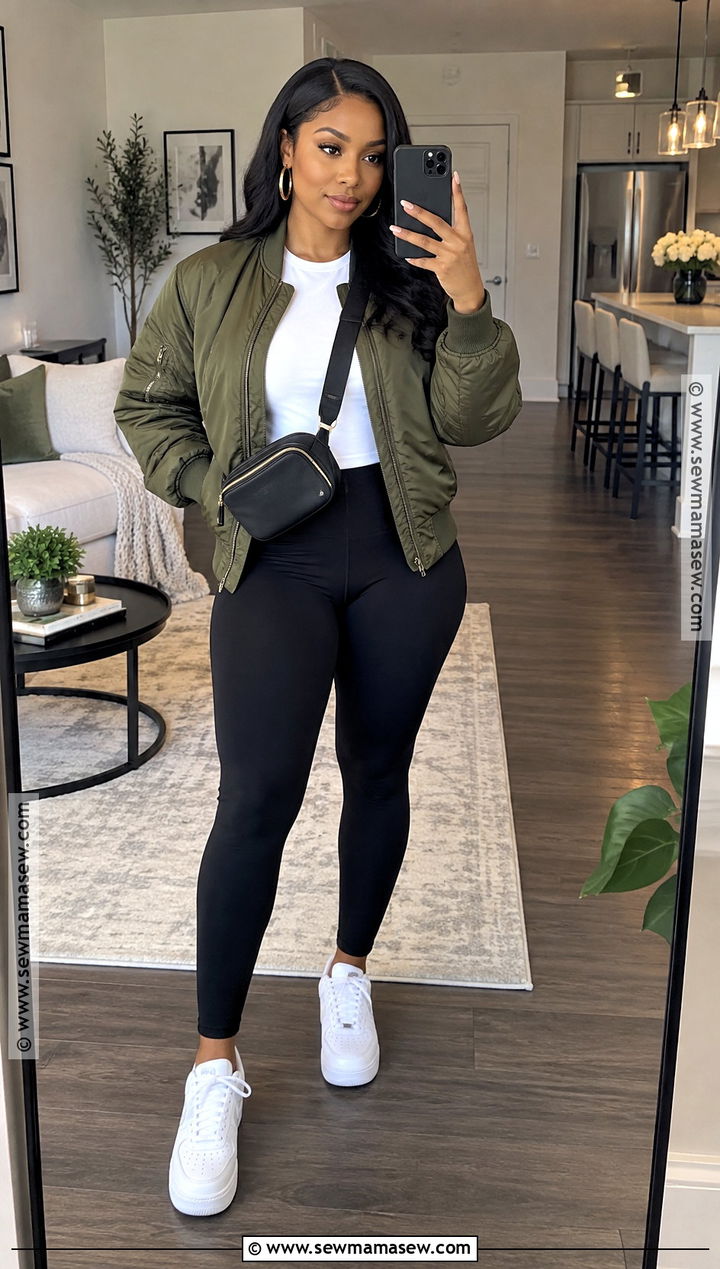 Olive Bomber Jacket and Black Leggings Fall Outfit - 25 casual fall outfits for black women
