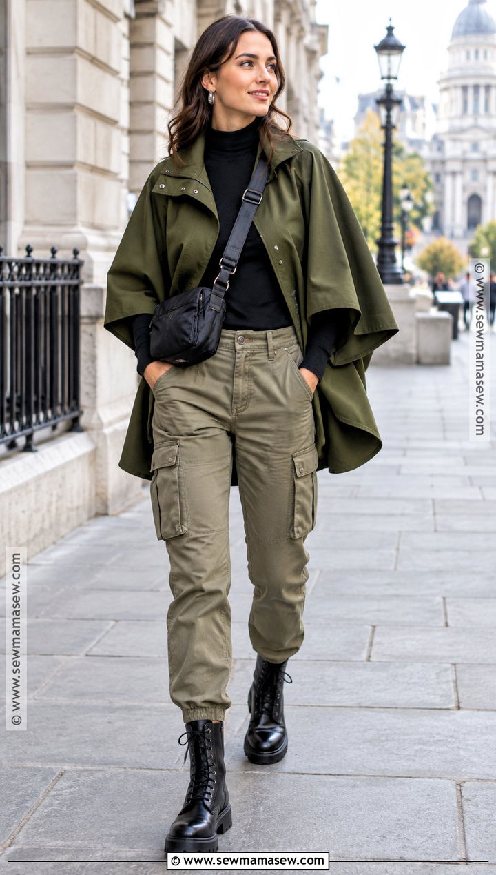 Olive Cape With Cargo Pants And Combat Boots - 15 Fall Capes Ideas