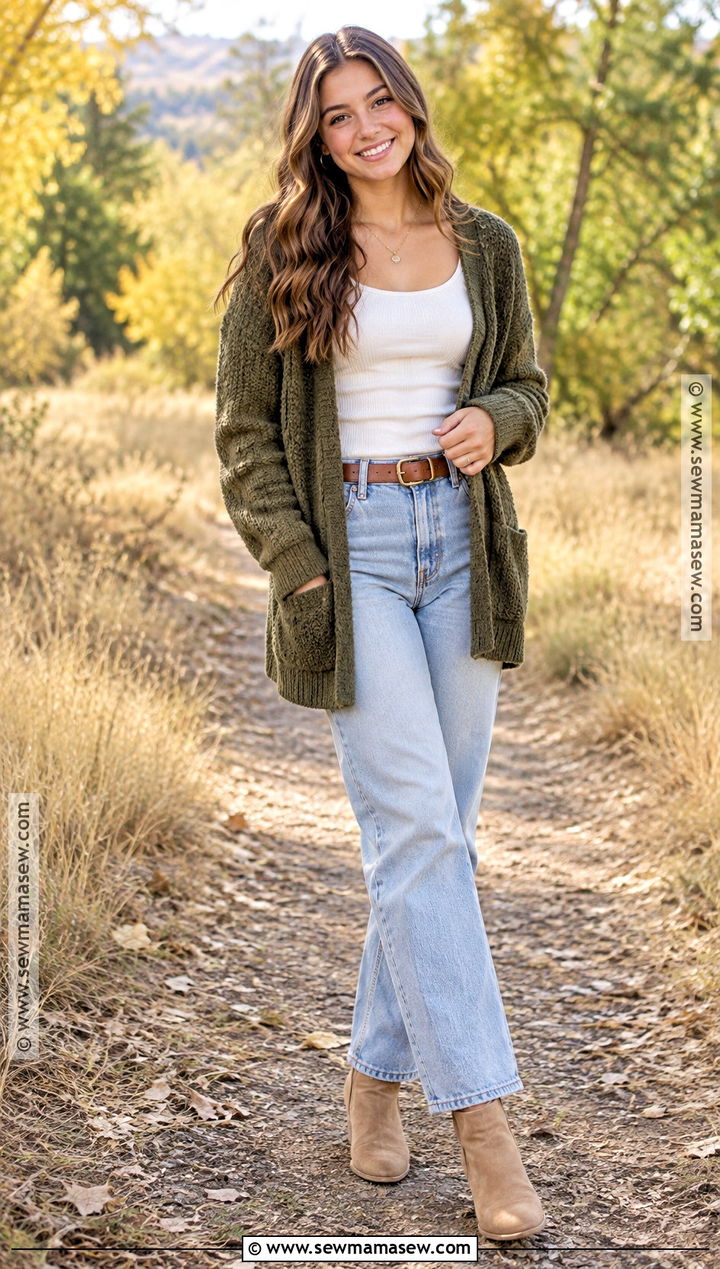 Olive Cardigan And Light Jeans Fall Senior Picture Outfit - 20 Fall Senior Picture Ideas Outfits