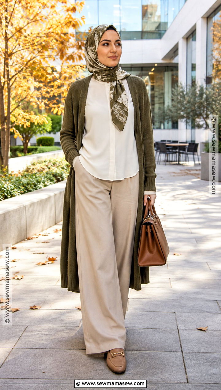 Olive Cardigan And Wide Leg Pants Fall Hijab Outfit - 20 fall outfit hijab ideas
