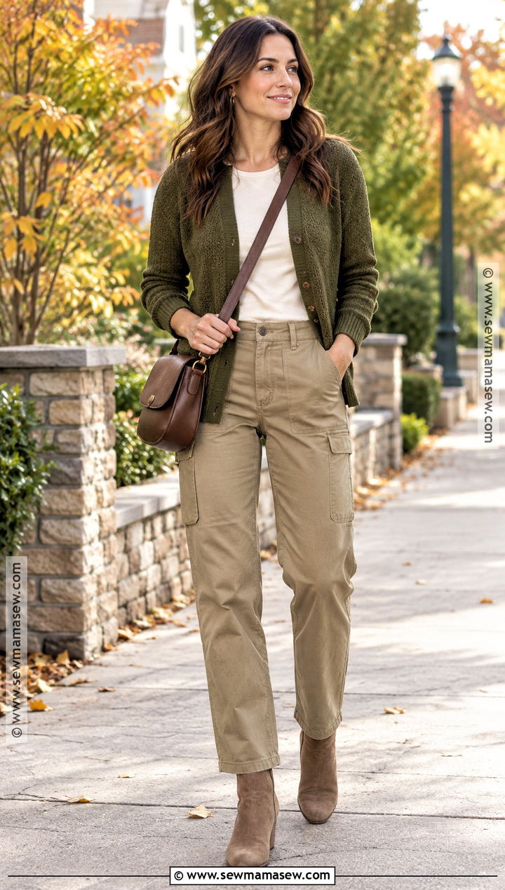 Olive Cardigan With Utility Pants - 25 fall outfits cardigans
