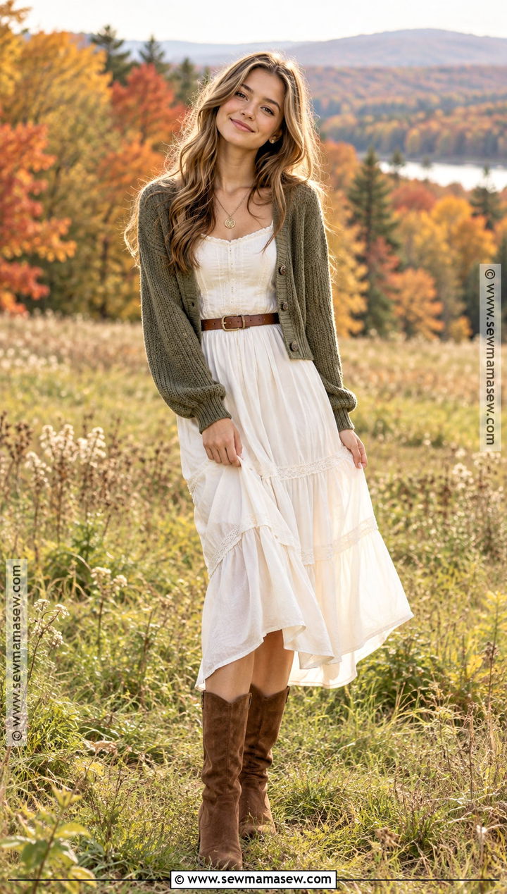Olive Cardigan and Ivory Dress Senior Picture Outfit - 15 autumn senior pictures outfits