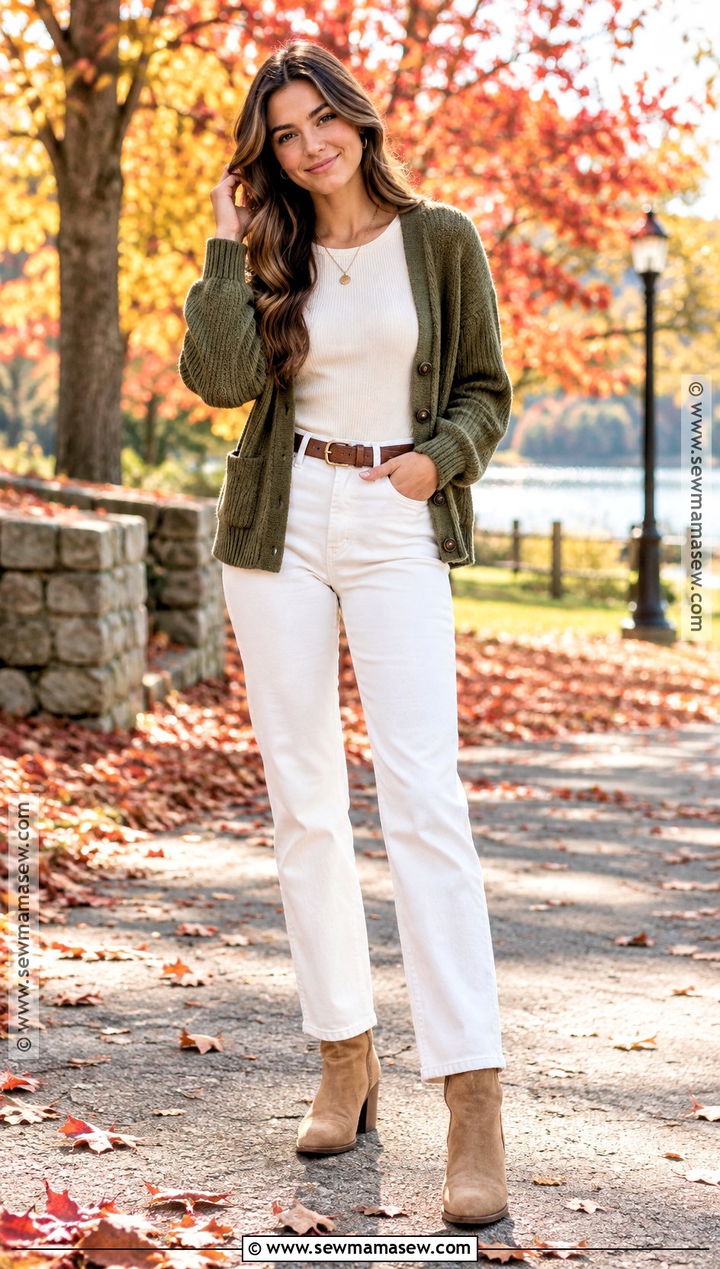 Olive Cardigan and White Jeans Senior Picture Outfit - 20 Fall Senior Picture Outfits