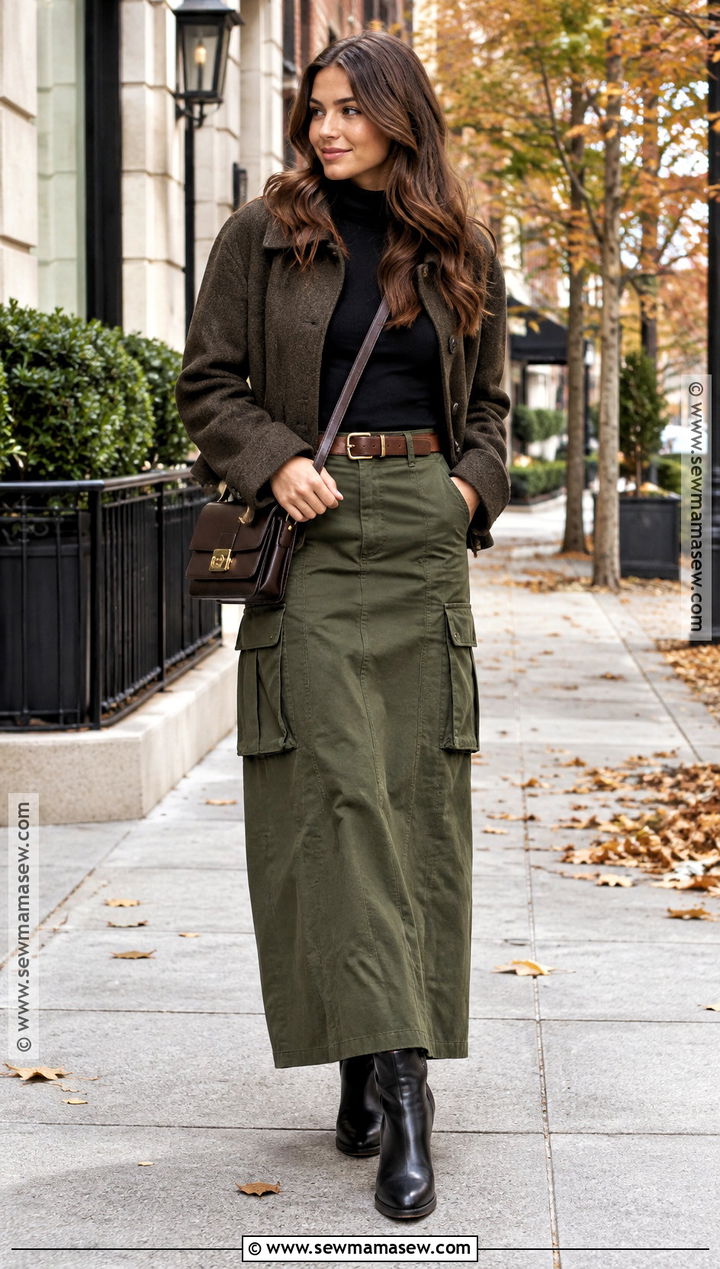 Olive Cargo Maxi Skirt With Turtleneck And Ankle Boots - 15 Cargo Skirt Outfit Fall Ideas