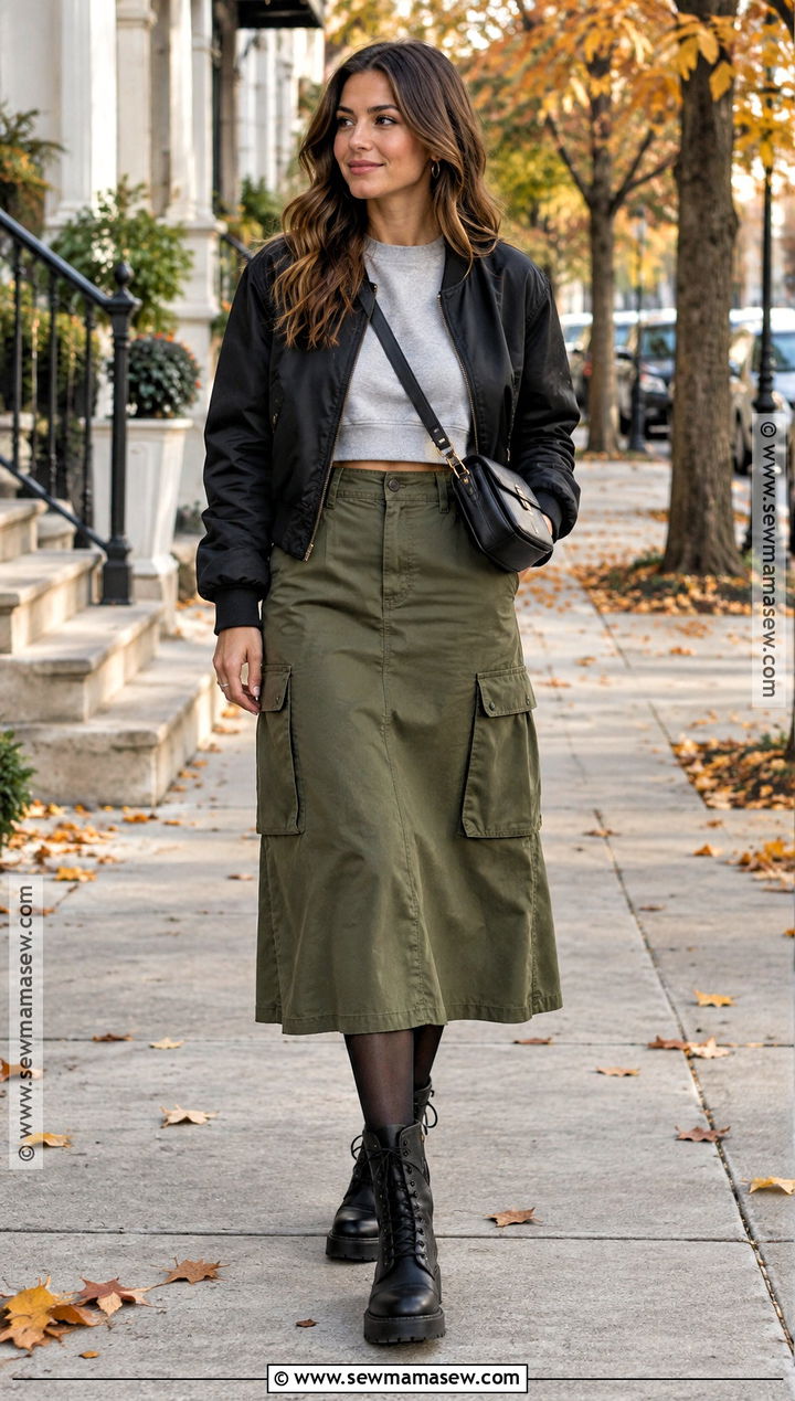 Olive Cargo Midi Skirt With Combat Boots - 15 fall midi skirt outfits with boots