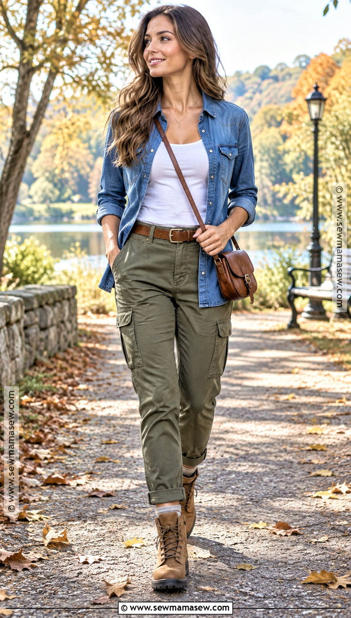 Olive Cargo Pants With Denim Shirt - 20 autumn pants