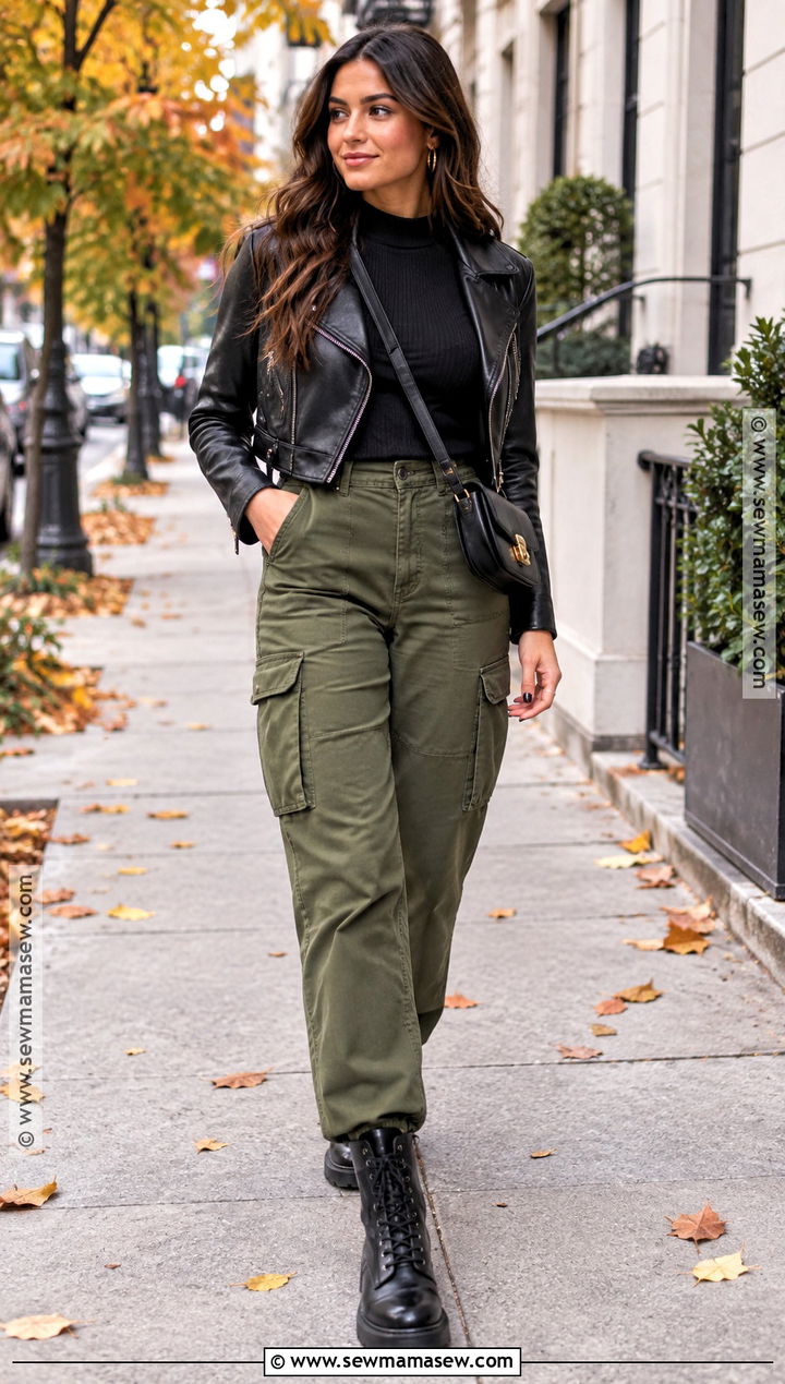 Olive Cargo Pants With Leather Jacket - 15 Cargo Pants Outfit Fall Street Styles