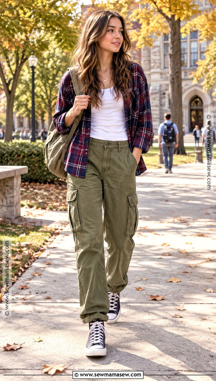 Olive Cargo Pants With Plaid Flannel Shirt - 20 back to school outfits cargo pants