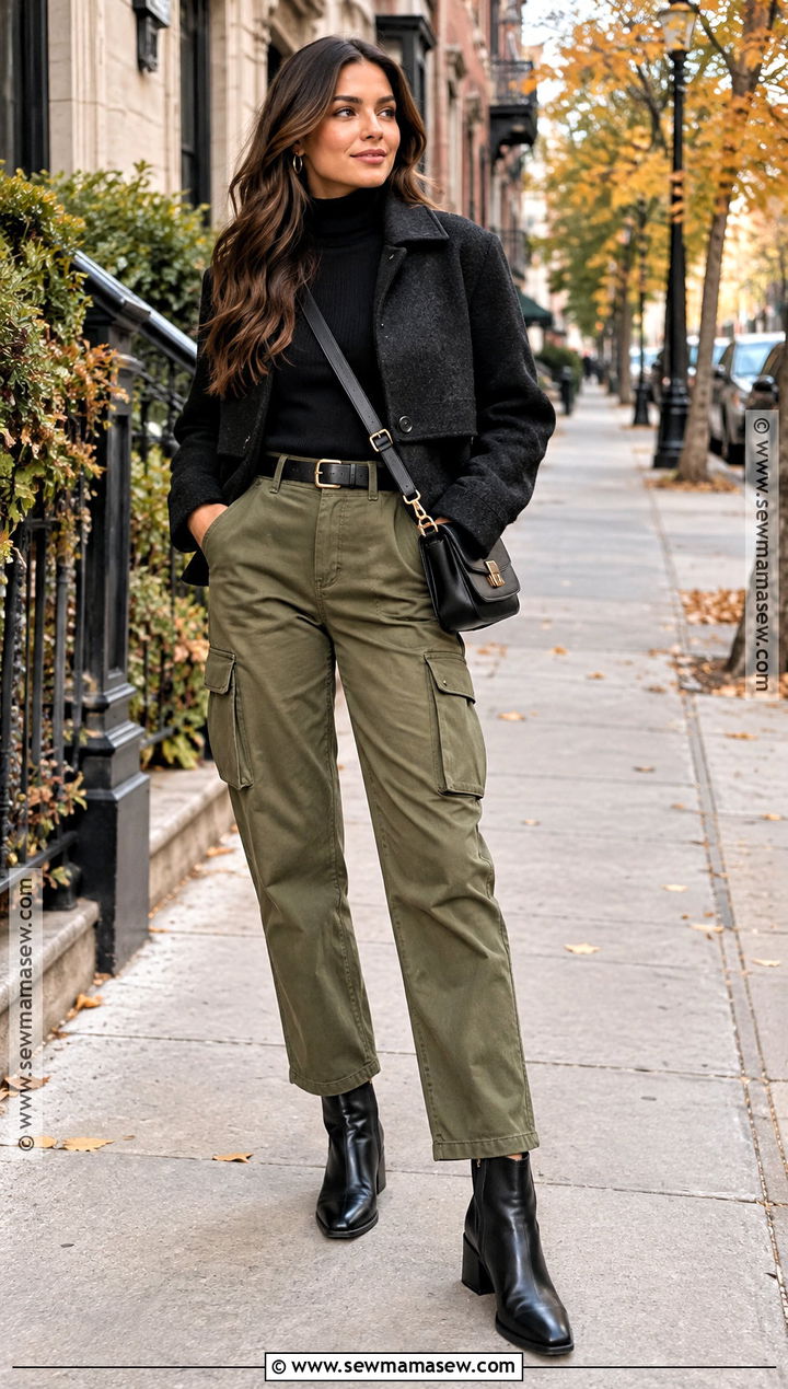 Olive Cargo Pants With Turtleneck And Ankle Boots - 15 Fall Outfit Ideas With Cargo Pants