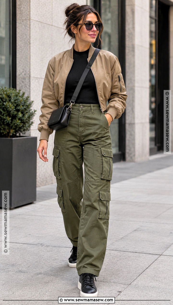 Olive Cargo Trousers With Ribbed Top And Bomber Jacket - 20 trousers fall outfit ideas