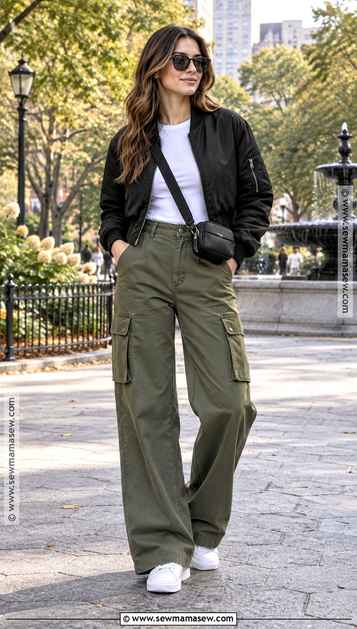 Olive Cargo Wide Leg Pants With Fitted Tee And Bomber Jacket - 15 fall fashion wide-leg pants