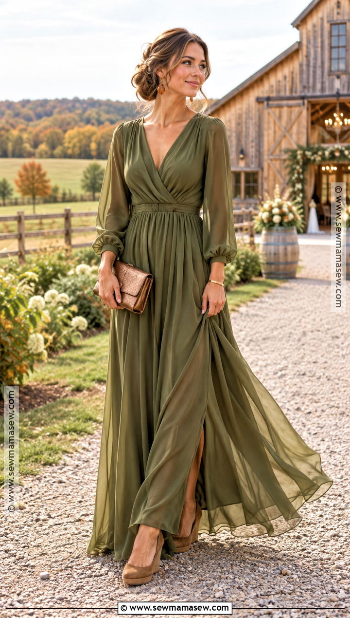 Olive Chiffon Maxi Dress With Wedge Heels - 20 Fall Farm Wedding Guest Attire Ideas