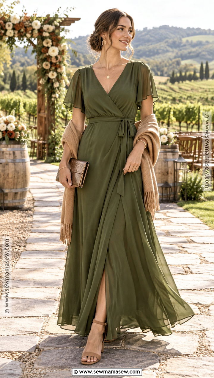 Olive Chiffon Maxi October Wedding Guest Outfit - 20 Wedding Guest October Outfit Ideas