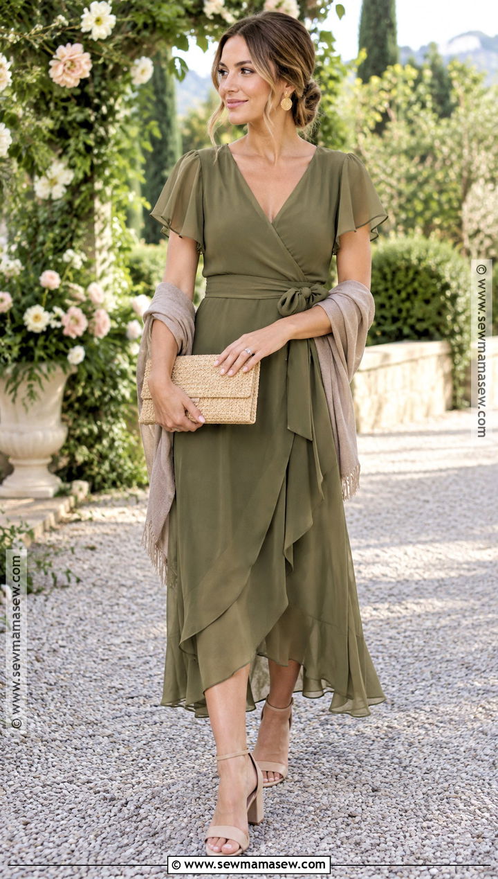 Olive Chiffon Wrap Dress For A September Wedding - 15 September Wedding Attire For Guest Ideas