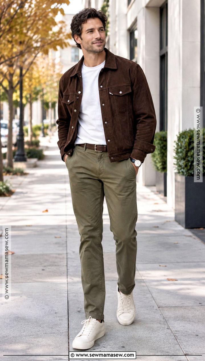 Olive Chino Pants With Suede Jacket - 15 Autumn Pants for Men