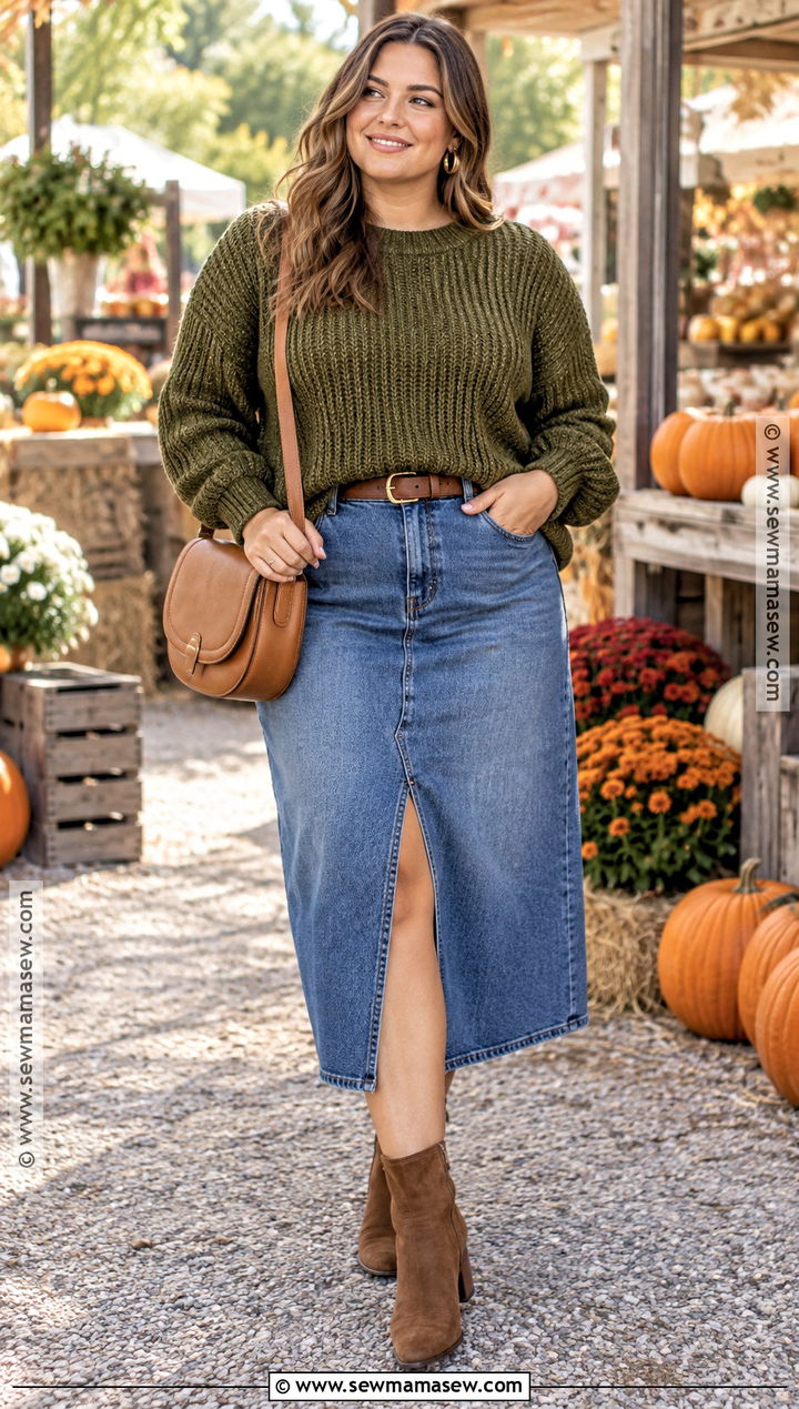 Olive Chunky Knit Sweater With Denim Midi Skirt And Ankle Boots - 15 Chunky Knit Sweater Fall Ideas