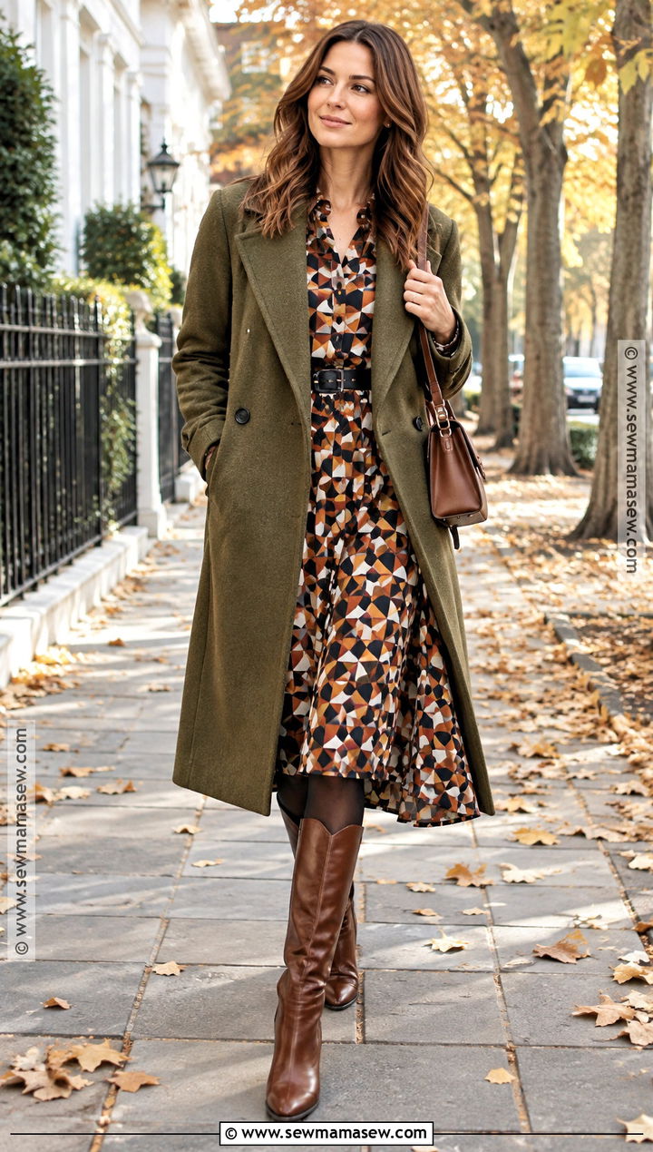 Olive Coat With A Printed Midi Dress - 25 fall fashion inspo ideas