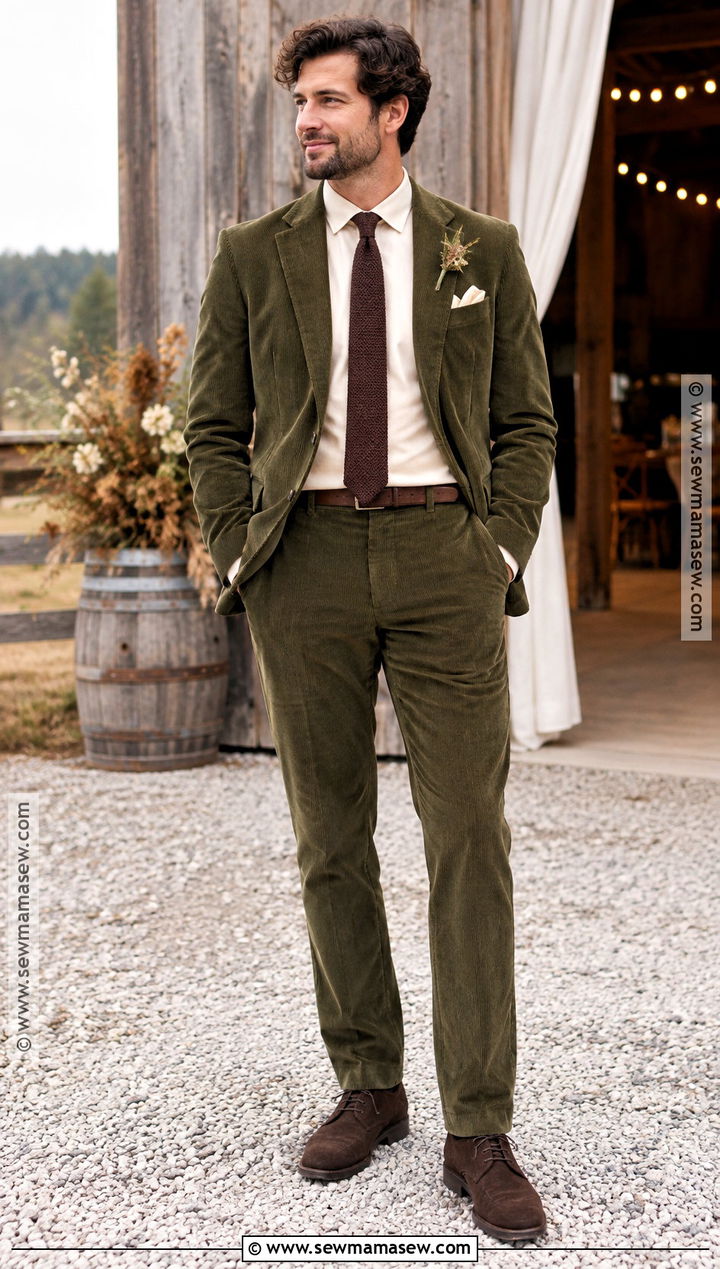 Olive Corduroy Groom Suit With Knit Tie - 15 fall wedding tux groom attire green ideas