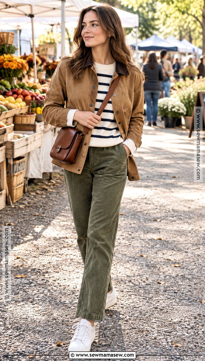 Olive Corduroy Pants With Striped Sweater - 15 Fall Outfits Corduroy Pants