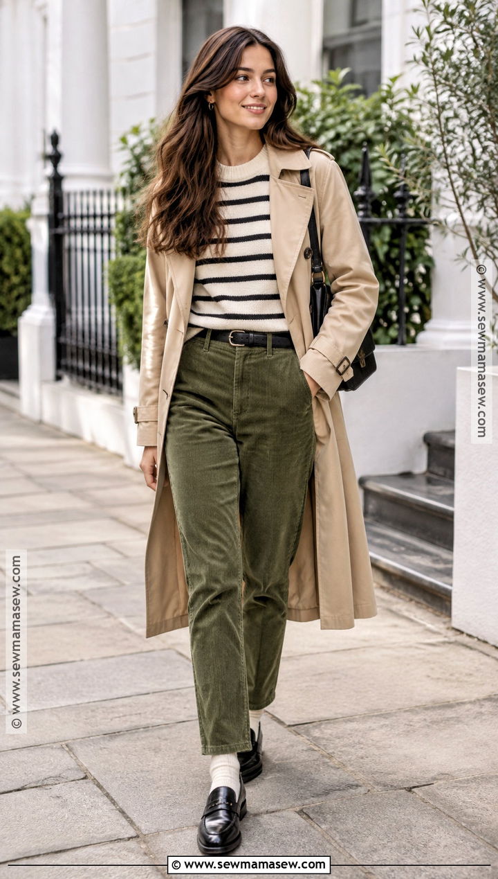 Olive Corduroy Pants With Striped Sweater - 15 fall outfit corduroy pants