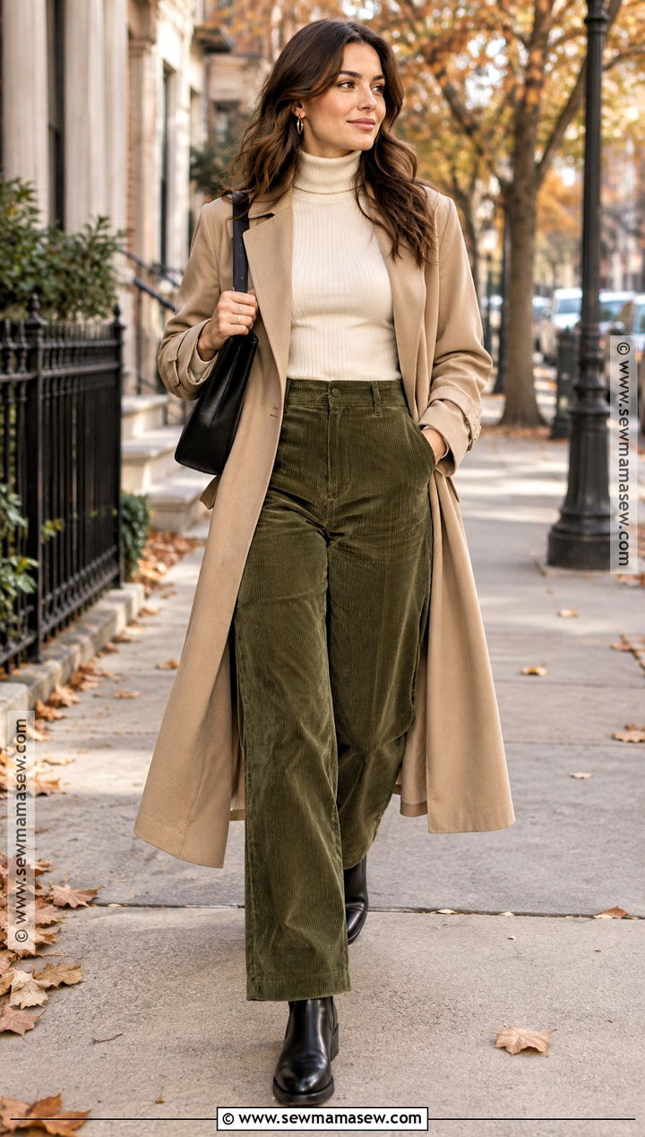 Olive Corduroy Pants With Turtleneck And Trench Coat - 20 Cordoury Pants Outfits Fall