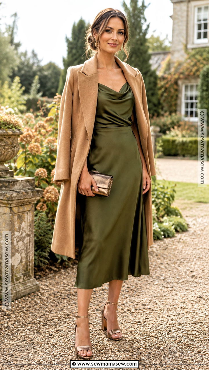 Olive Crepe Midi Fall Outdoor Wedding Guest Dress - 20 fall outdoor wedding guest dress ideas